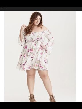torrid White Floral Off-Shoulder Mini Dress with Pink & Green Print